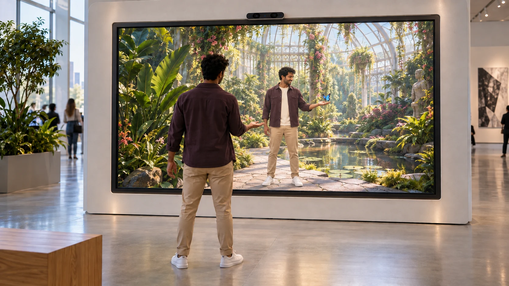 A guest at a MirrorAR display sees himself inside a sunlit botanical garden, reaching toward a butterfly.