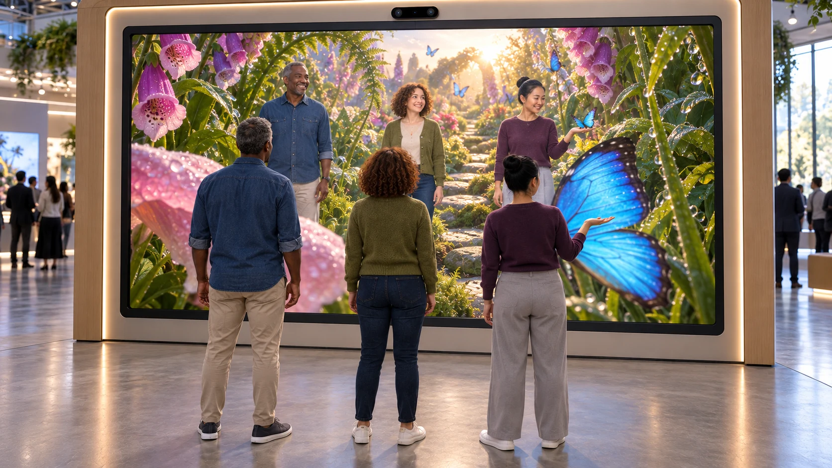 Three visitors appear among giant flowers and butterflies, with a blue butterfly crossing in front of them on the MirrorAR display.