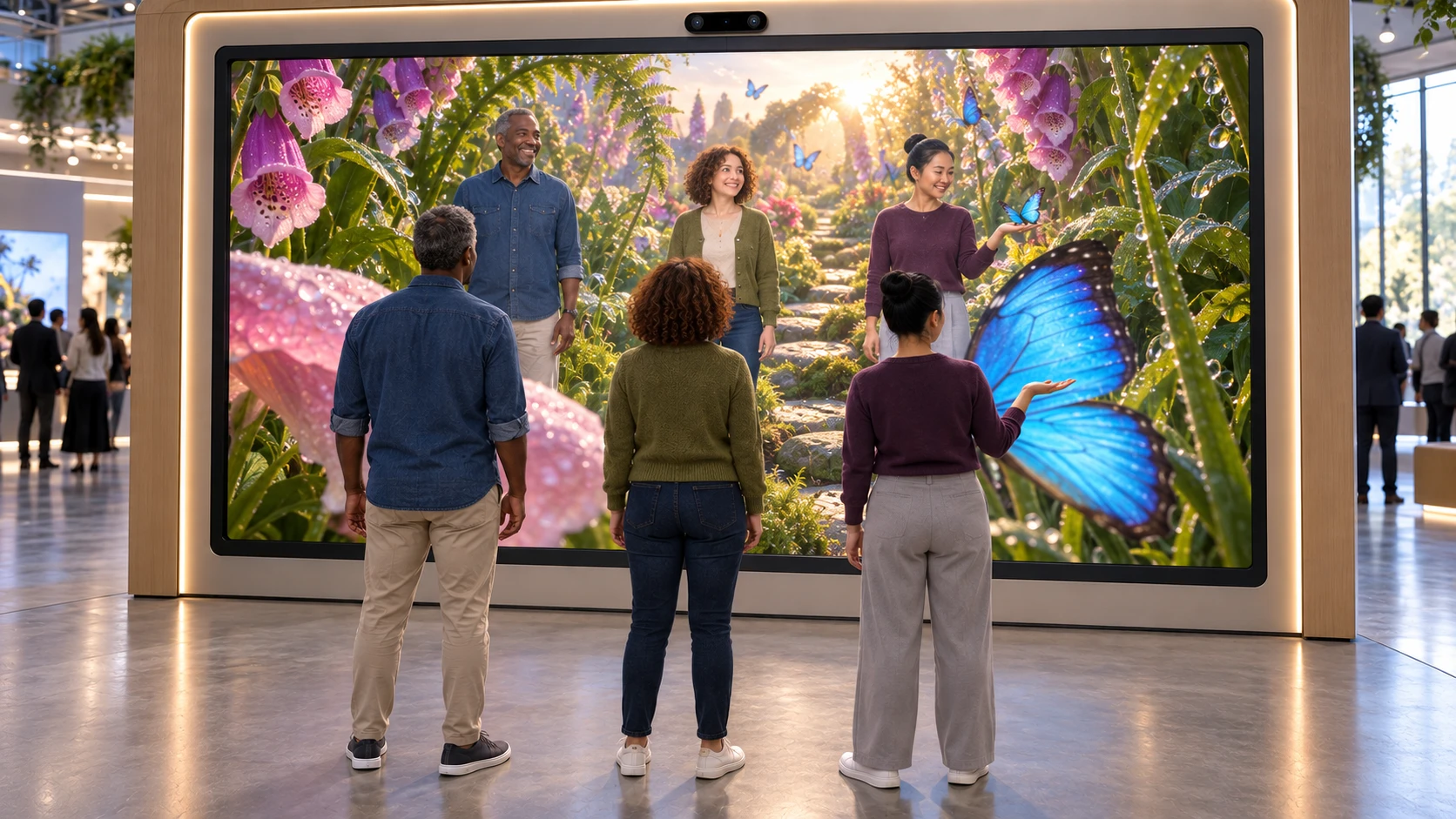 Three guests see themselves among giant flowers and butterflies, with a vivid blue butterfly appearing in front of them.
