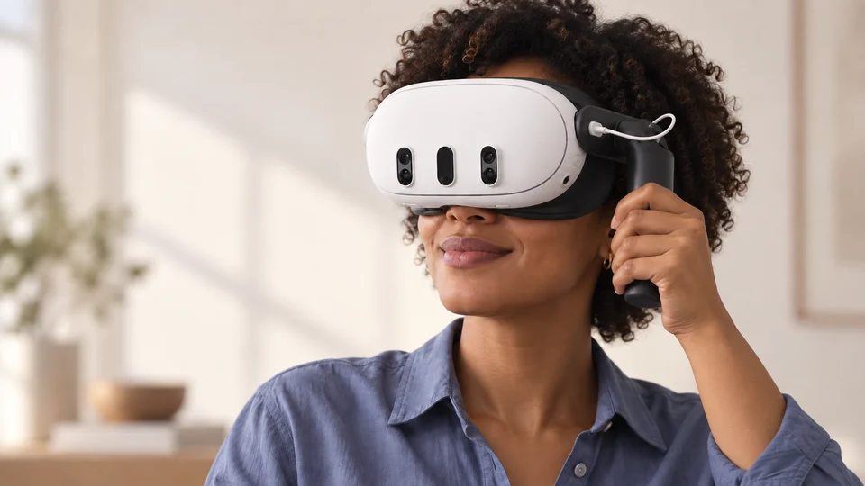 A learner with curly hair holds the headset comfortably using the compact XRHandle, with no head strap.