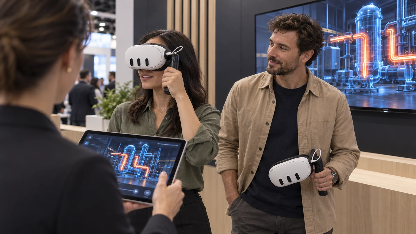 A presenter uses a tablet at a convention while one guest looks through XRHandle and another holds a headset. The TV shows the same industrial scene as the tablet.