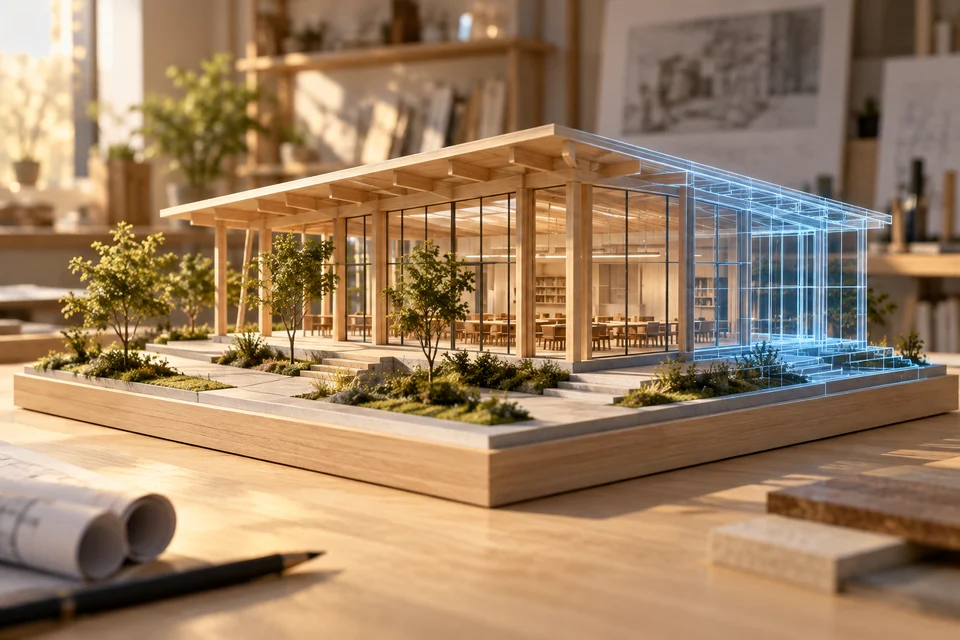 An architectural pavilion model transitions from a blue spatial wireframe to detailed timber and glass.