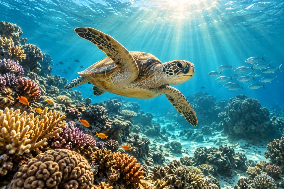 An underwater lesson visualization with a sea turtle swimming over a sunlit coral reef.