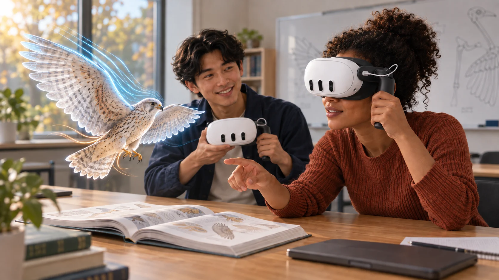 Two learners explore a spatial bird and its airflow above an open book, using headsets with the compact XRHandle.
