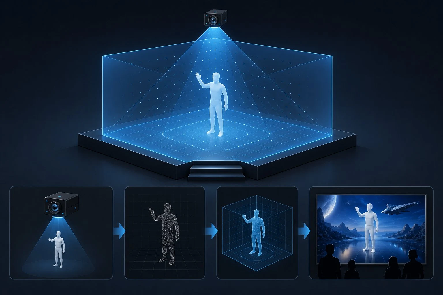 Concept diagram showing a camera capturing a person, a spatial representation, and the person placed into a virtual world on a large display.
