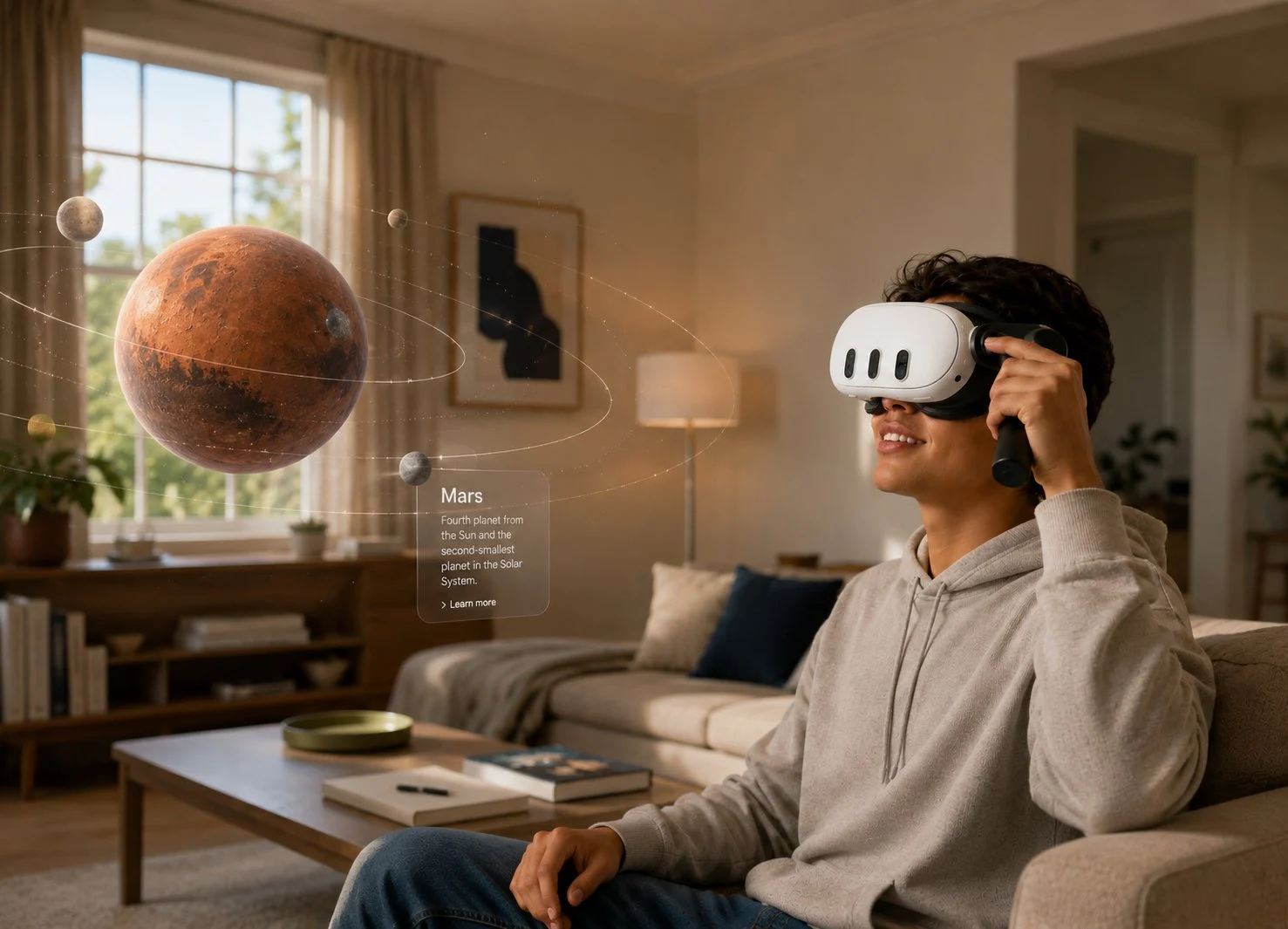 A student in a sunlit living room exploring an immersive Mars lesson, with the solar system and a Mars info panel floating in front of them.