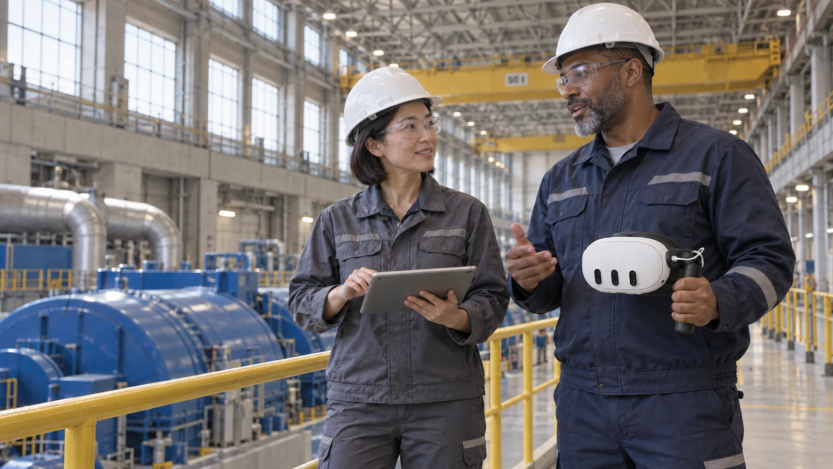 Two colleagues discuss a tablet and an XRHandle-equipped headset beside industrial machinery in a power plant.