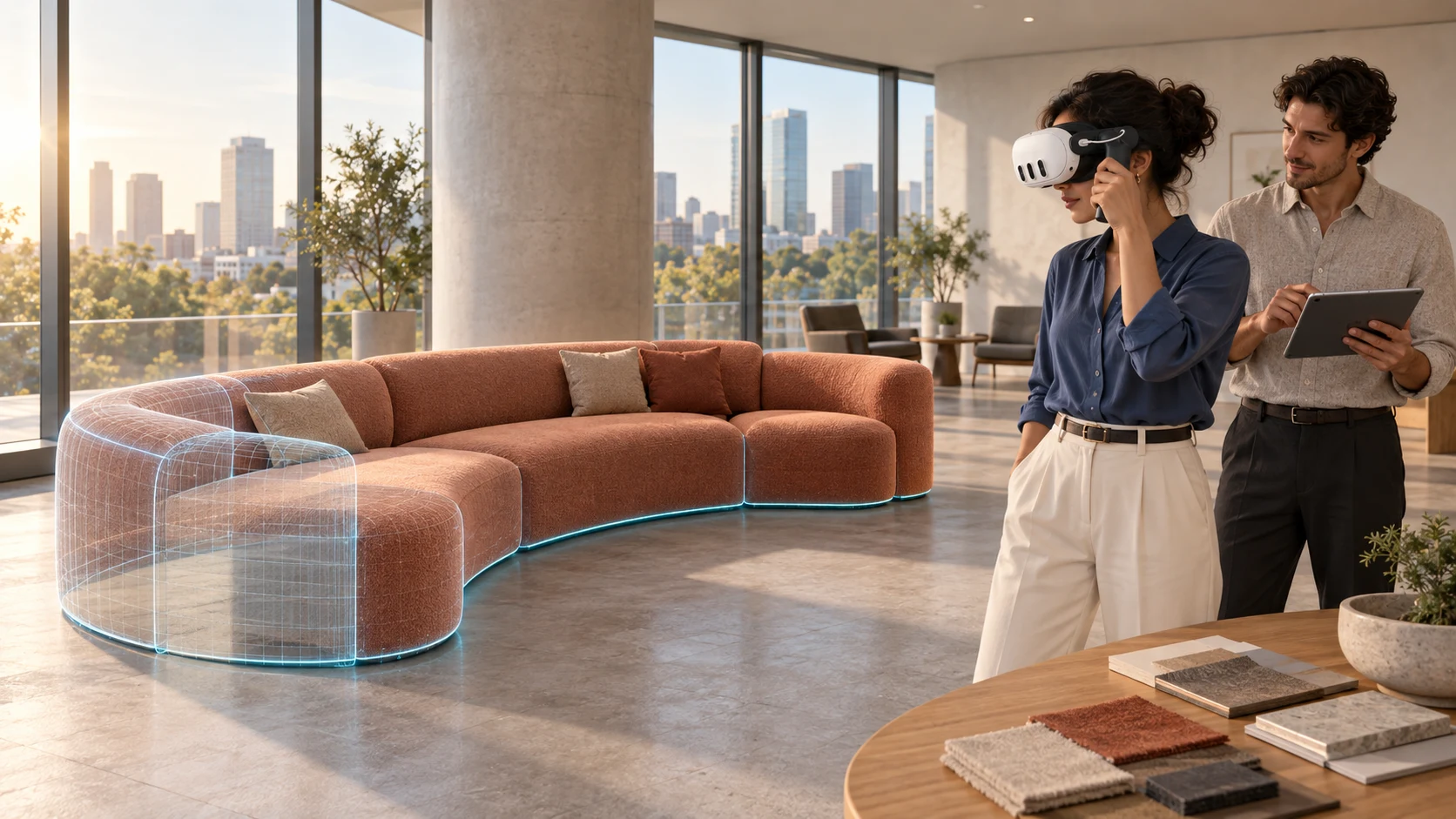 A guest looks through XRHandle at a sofa design visualized in a bright interior while a presenter guides the experience from a tablet.