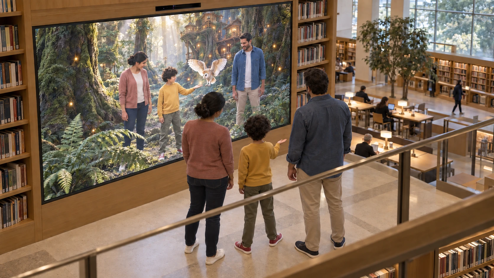 A family in a library sees themselves inside an enchanted forest, with an owl flying toward their child on the MirrorAR display.