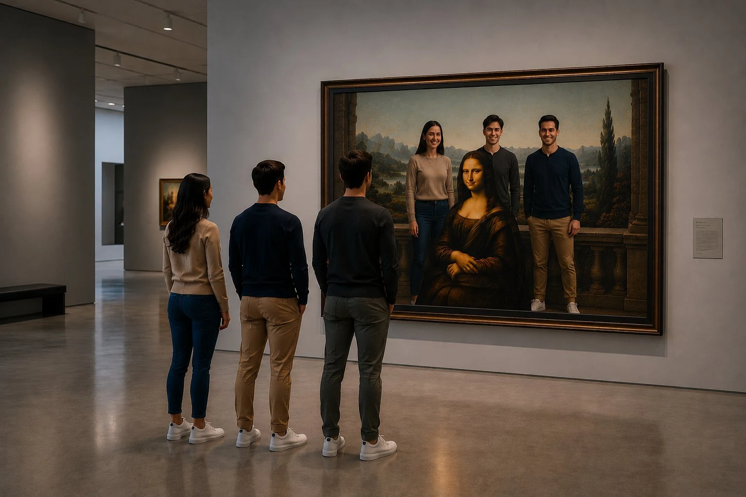 Three museum visitors appear inside a framed virtual gallery scene alongside the Mona Lisa.