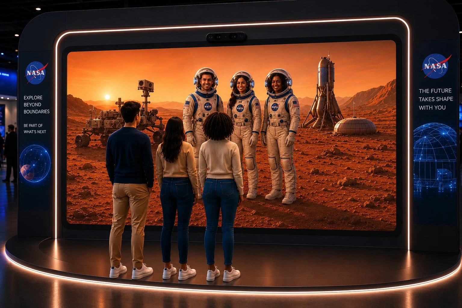 An illustrative MirrorAR stage transforms three visitors into astronauts in a Mars environment.