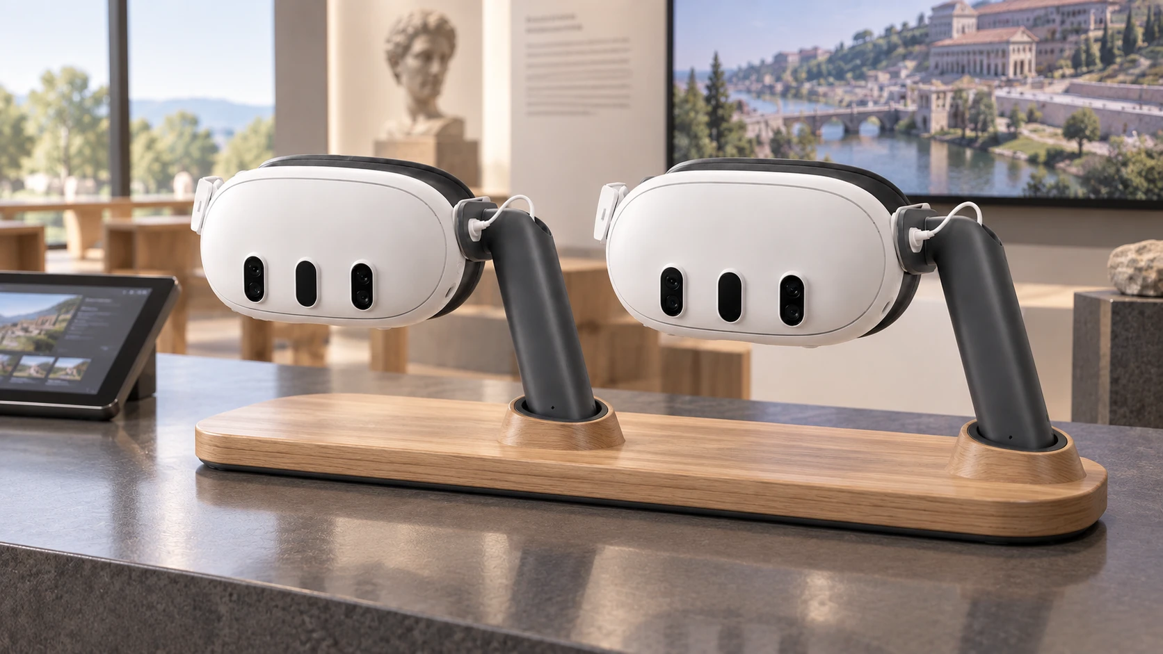 Two headsets with XRHandle, ready to pick up from a shared oak stand in a museum.