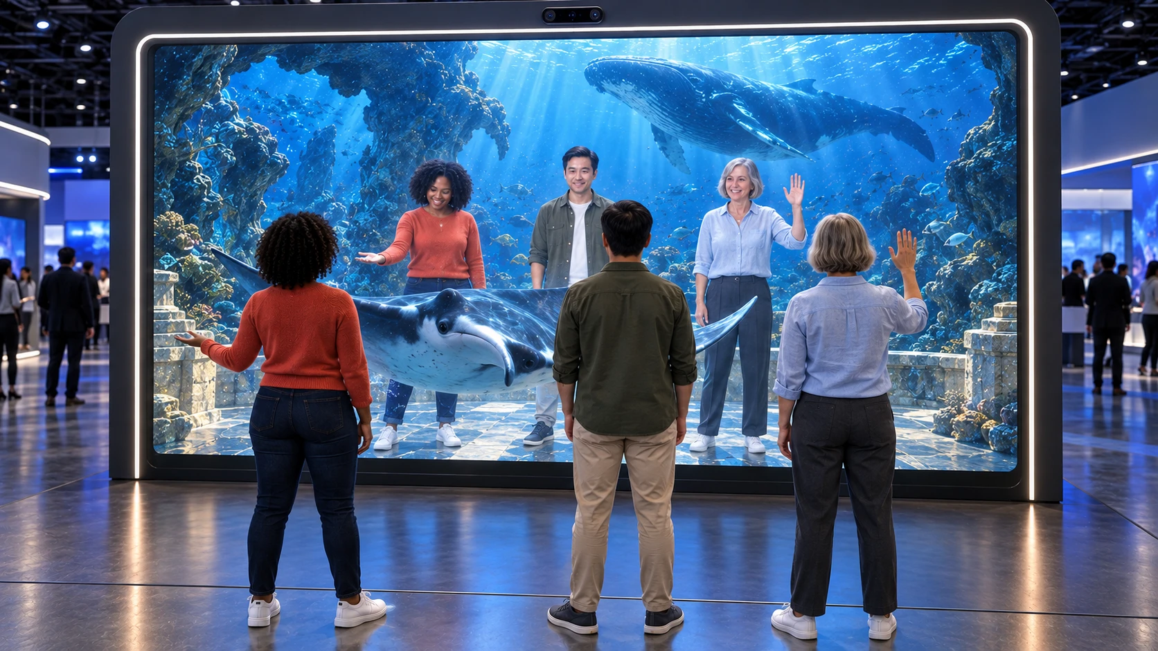 Three guests see themselves together in an underwater world, with a manta ray swimming in front of them and a whale overhead.