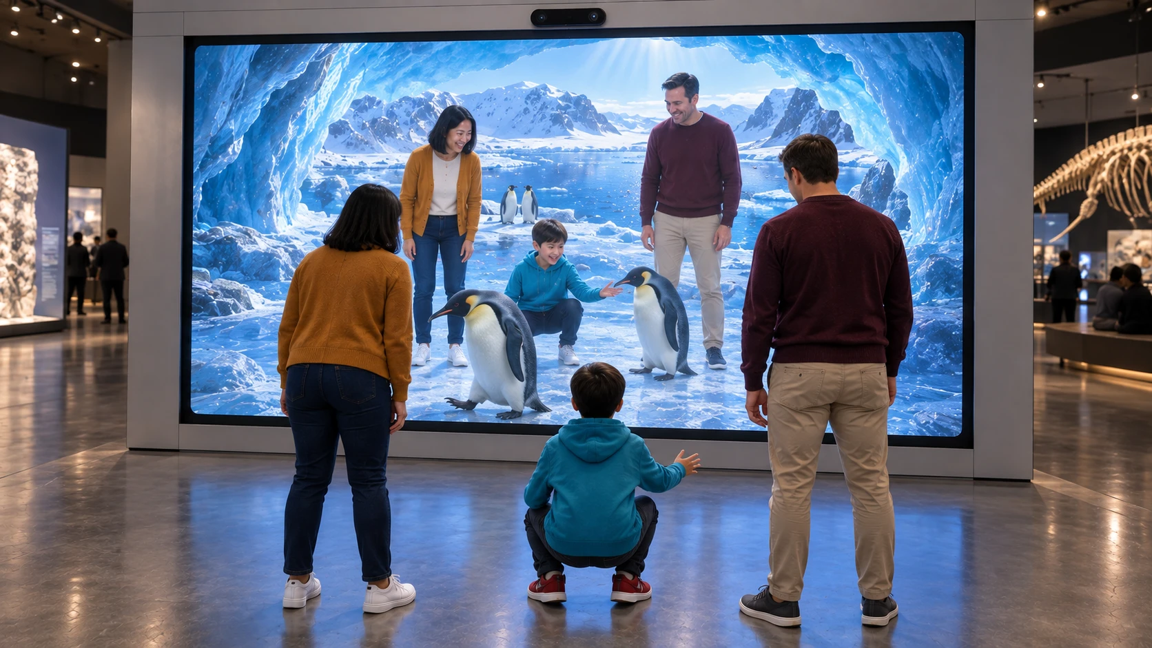 A family sees themselves exploring an icy landscape together, with penguins beside them in a virtual ice cave.