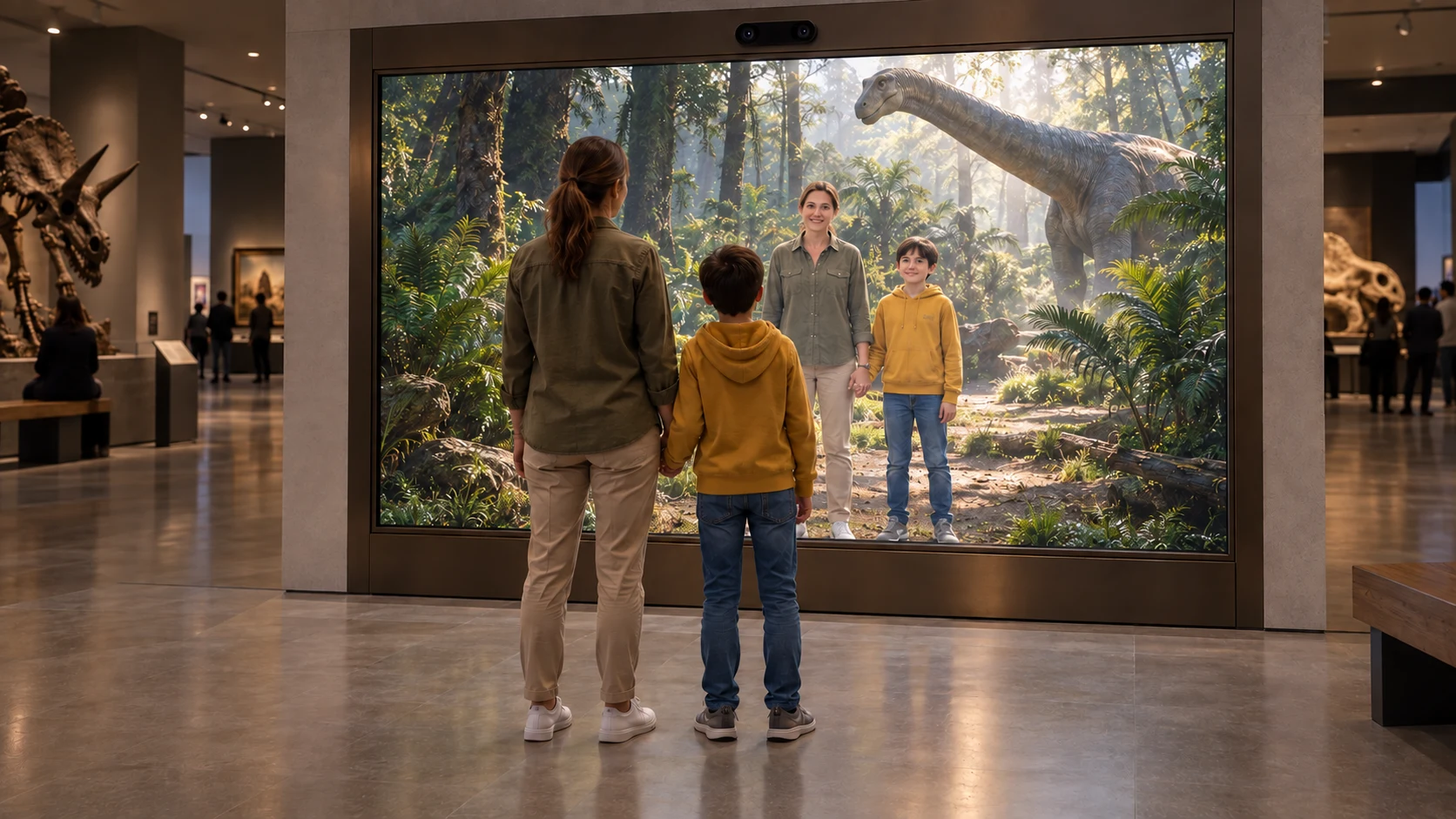 An adult and child in a museum see themselves standing beside a dinosaur in a prehistoric forest on a MirrorAR display.
