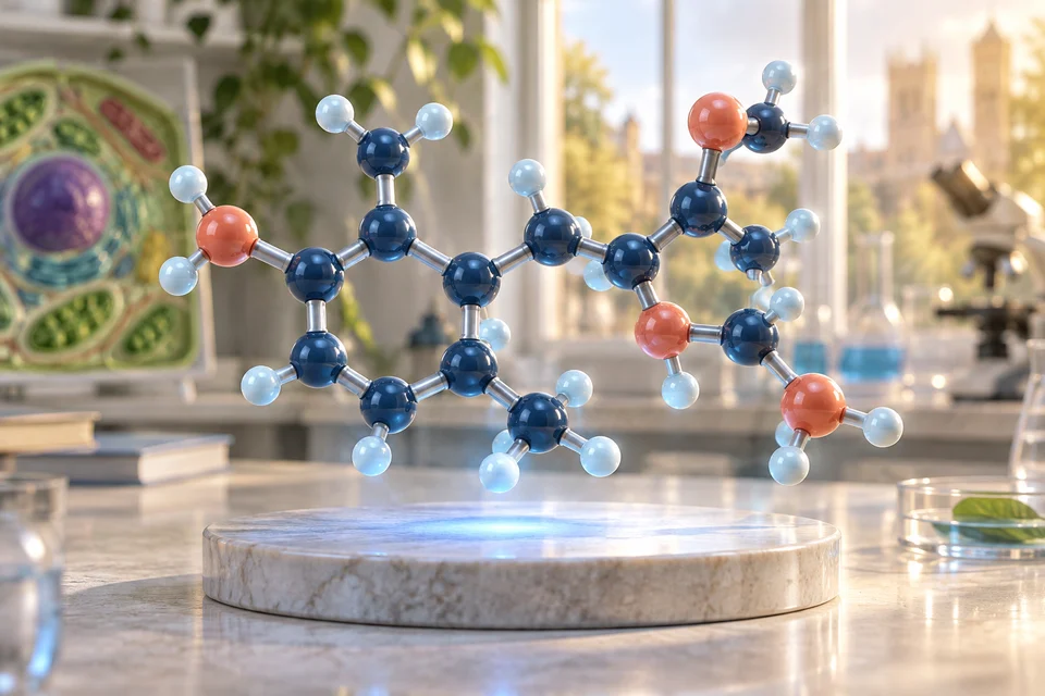 A conceptual molecular model enlarged in three dimensions above a science-lab table.