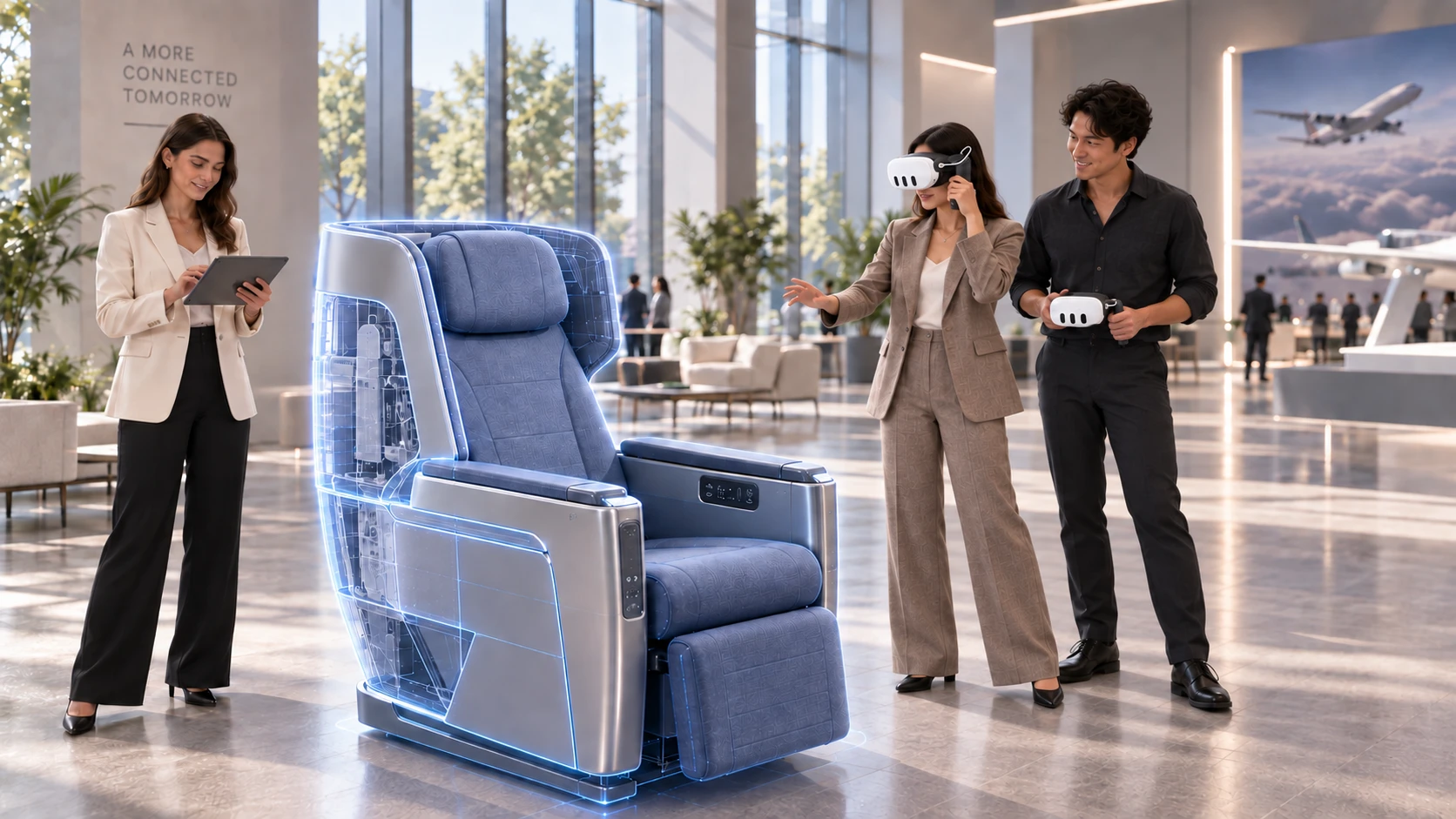 A presenter uses a tablet to share a full-scale aircraft seat concept with two guests using XRHandle in a showroom.
