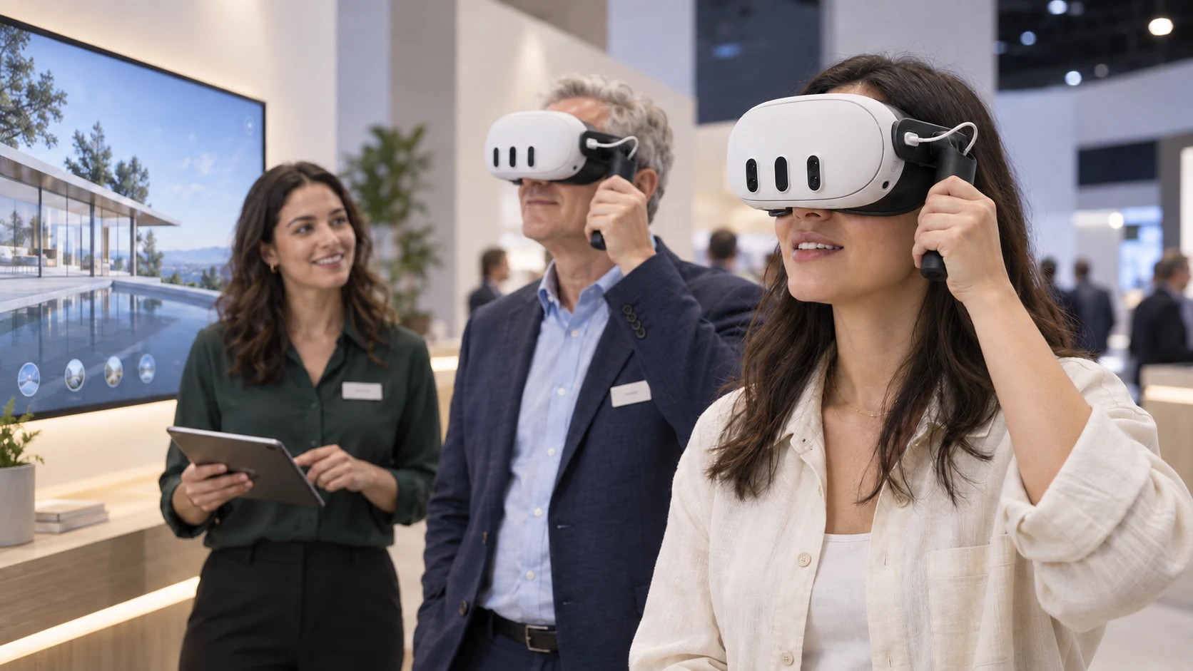 A presenter holds a tablet while two guests look through XRHandle-equipped headsets together at a convention. A TV shows the architectural presentation.