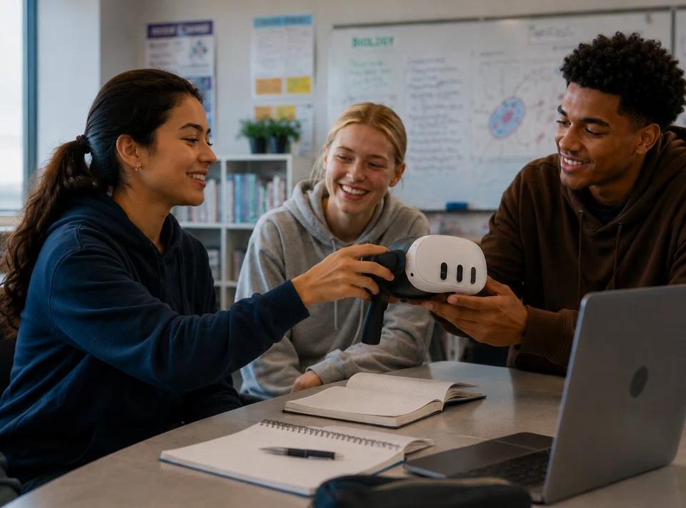 A student passing an XR headset on the XRHandle to a classmate across a table.