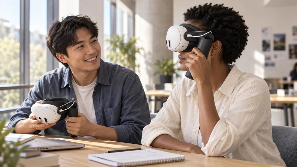 Two learners share a moment at a classroom table, one looking through XRHandle and the other holding a headset ready to join in.