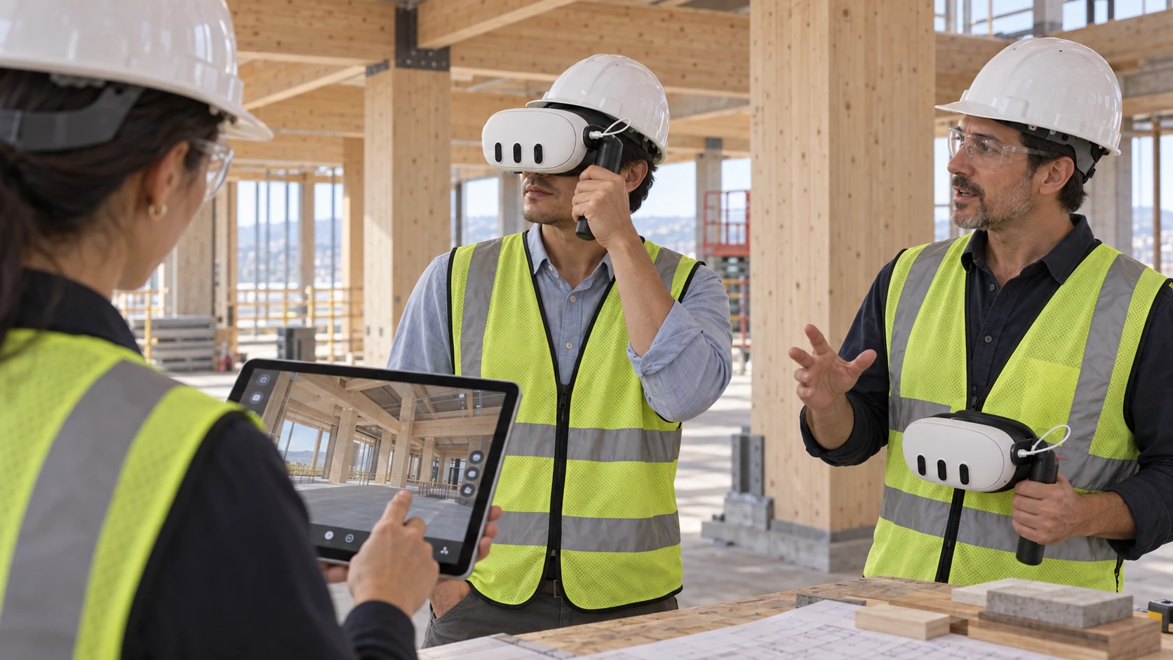 A team member guides a tablet view of a timber building while a colleague looks through XRHandle and another joins the discussion.
