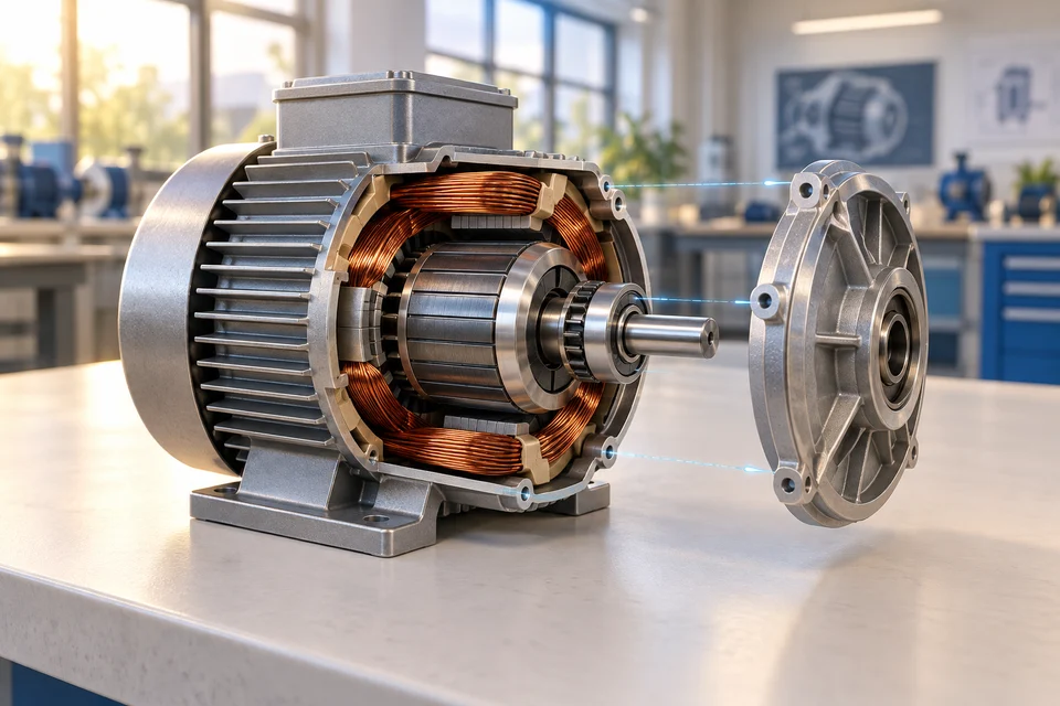 An electric motor training visualization reveals copper windings and a rotor, with the end housing shown in an exploded view.