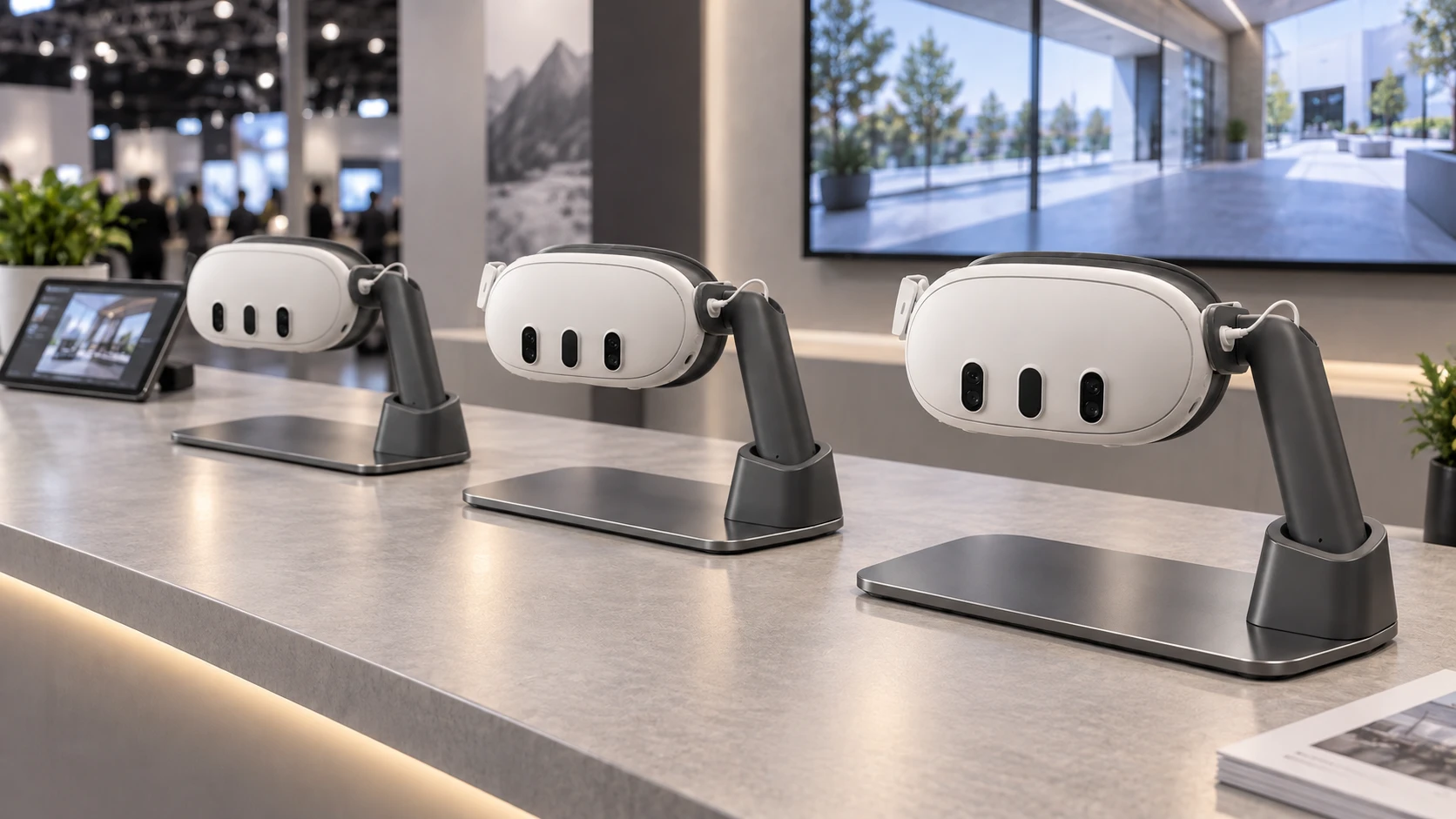 Three Meta Quest 3 headsets fitted with XRHandle on display stands, with a tablet and presentation screen behind them.
