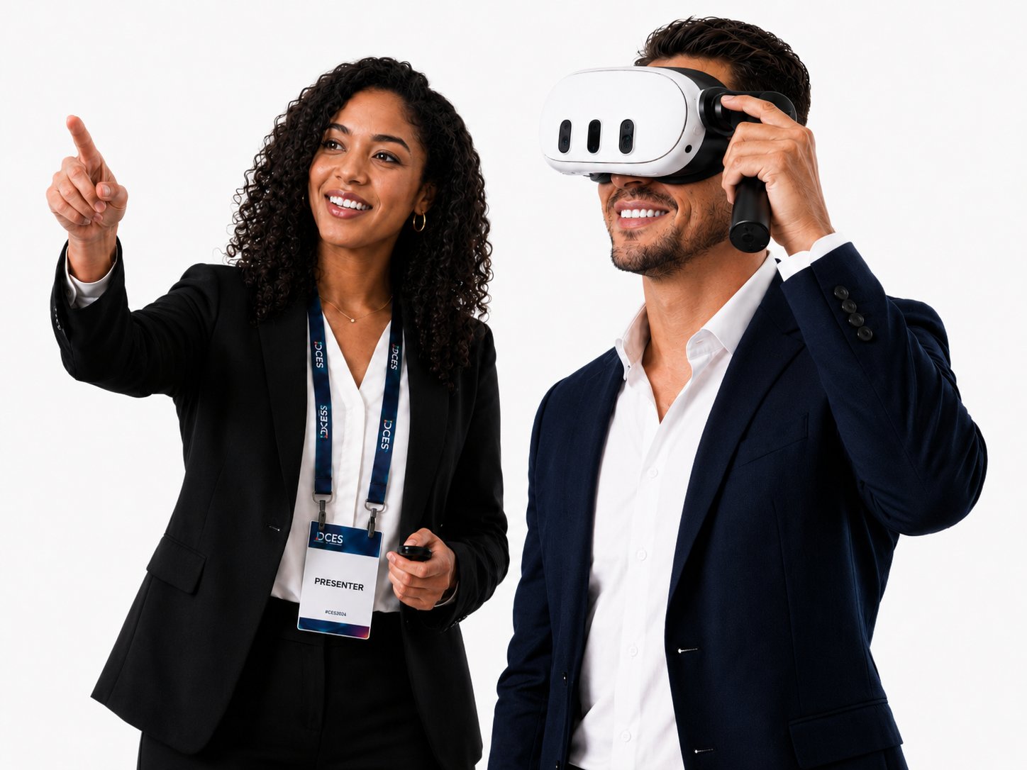 A presenter gestures beside a man in a suit holding an XR headset with the XRHandle.