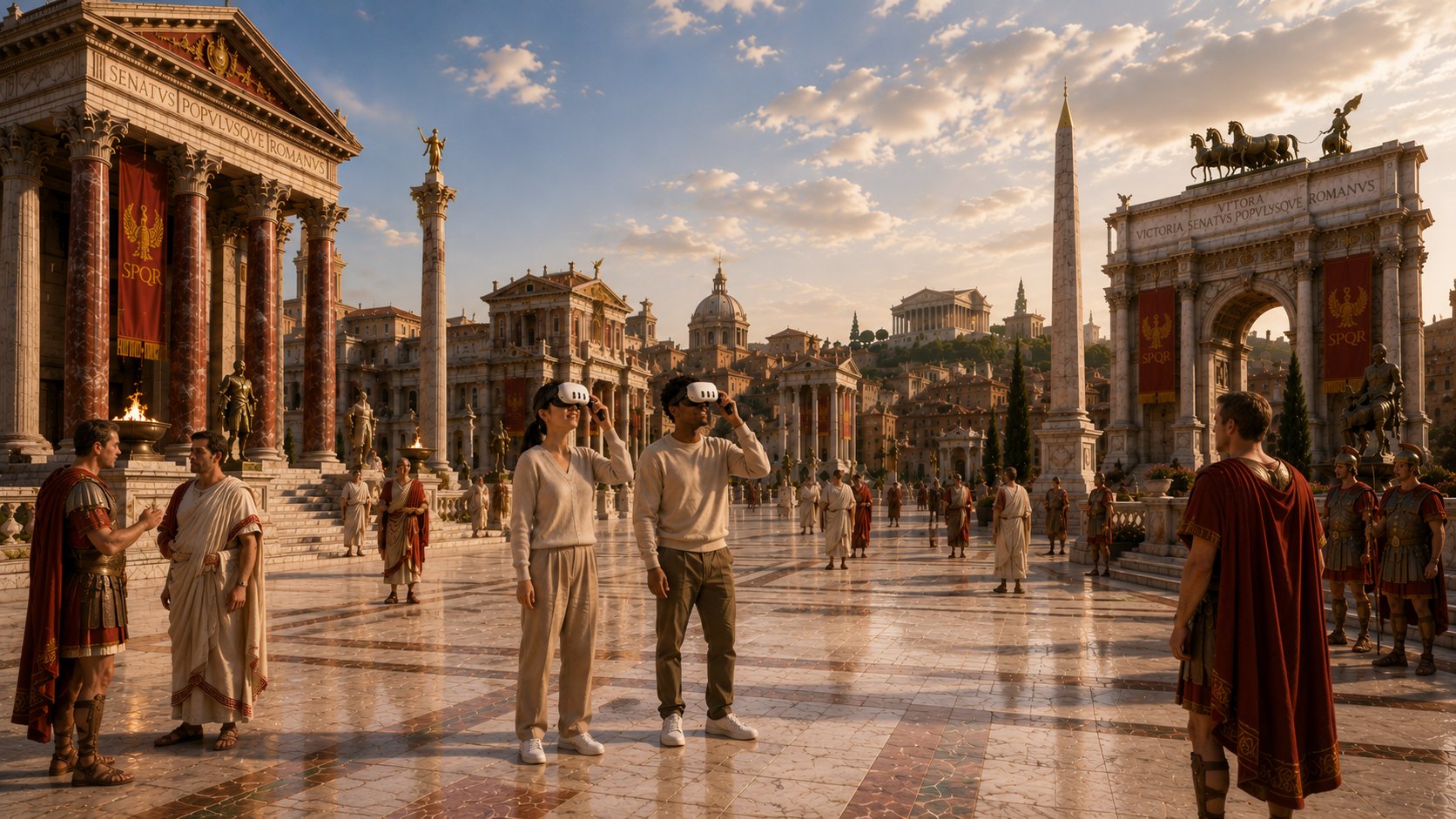 Two students wearing XR headsets and holding them by handles, immersed in an Ancient Rome simulation — marble columns, SPQR banners, an obelisk, and Roman architecture under a golden-hour sky.