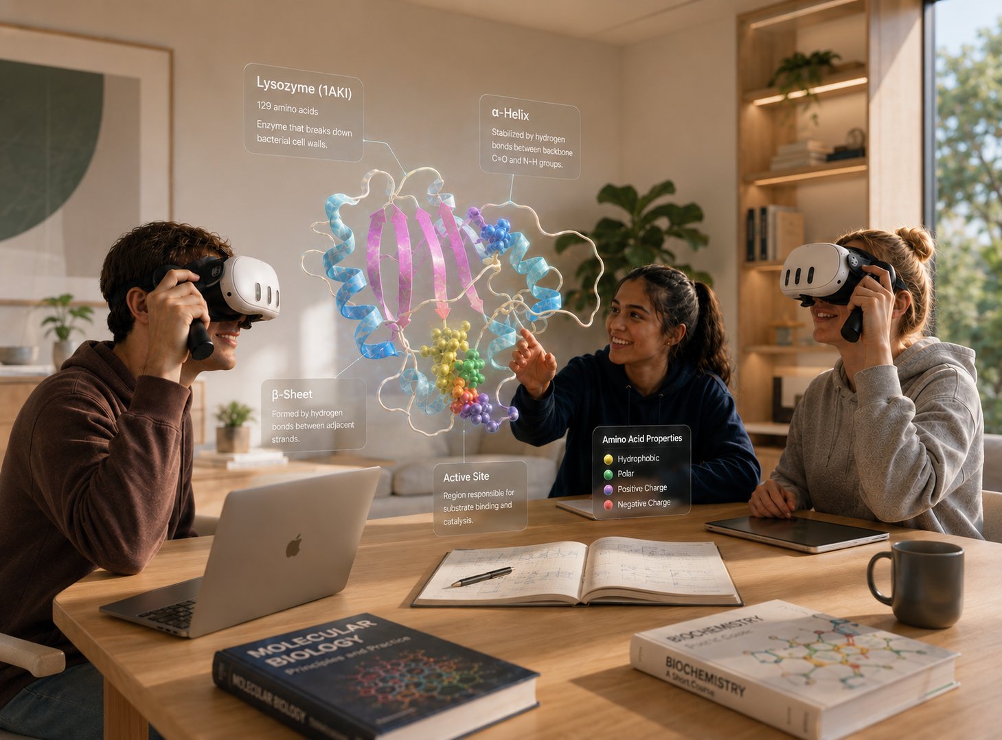 Three students at a sunlit classroom table examining a holographic protein structure with labeled callouts.