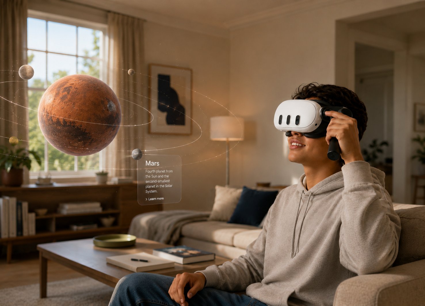 A student in a sunlit living room exploring an immersive Mars lesson, with the solar system and a Mars info panel floating in front of them.