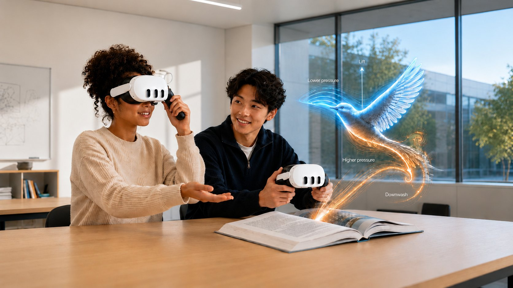Two students at a classroom table — one wearing an XR headset held by the XRHandle, the other holding a controller — as a glowing holographic bird and aerodynamics labels rise from an open book.