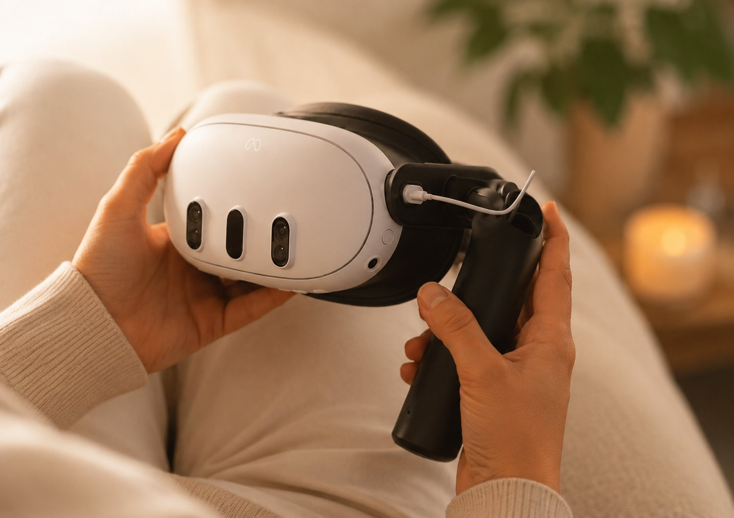Hands holding an XR headset up by the XRHandle, away from the face.