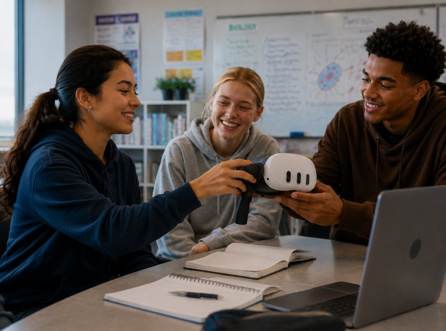 A student passing an XR headset on the XRHandle to a classmate across a table.