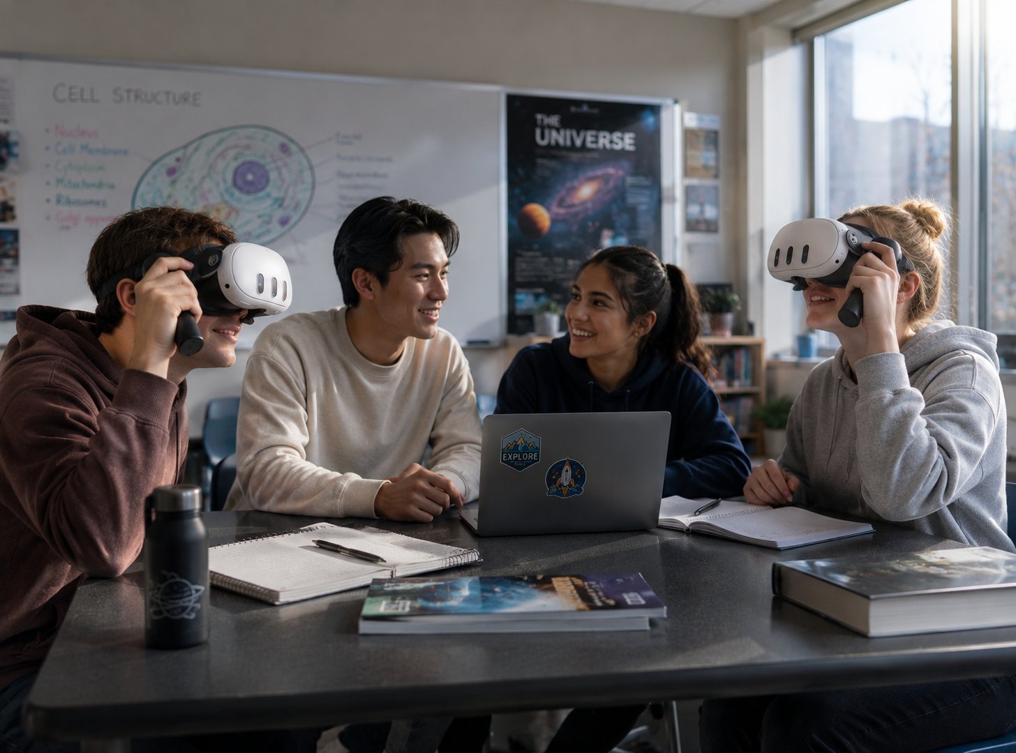 Multiple students at a classroom table using headsets with XRHandle simultaneously.