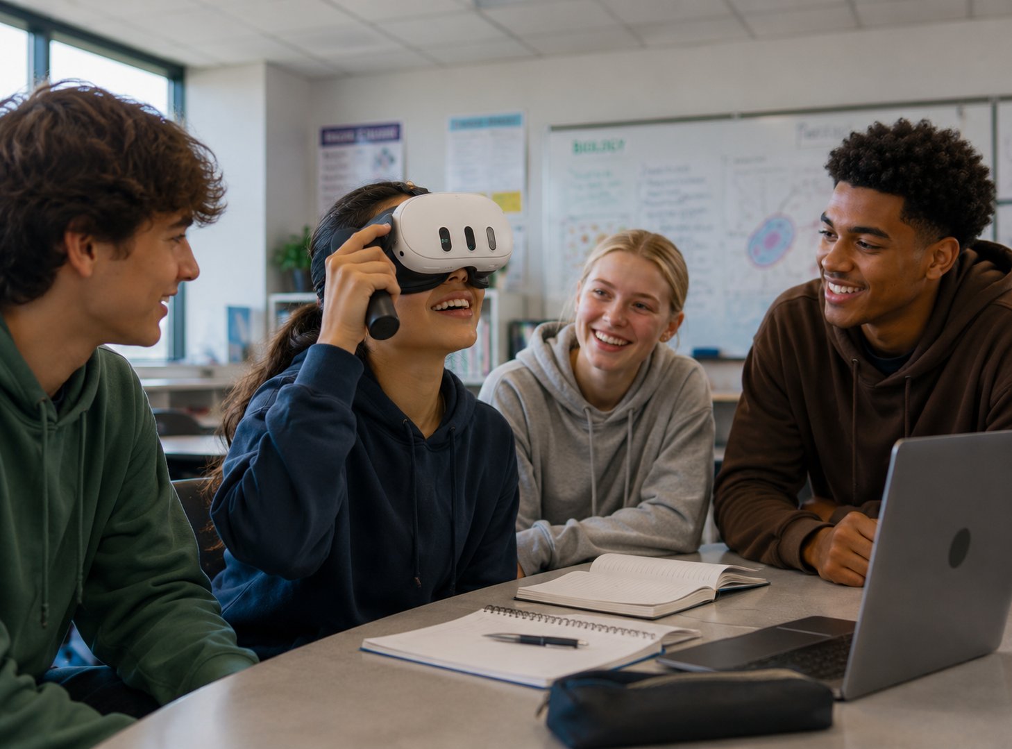 A student trying the headset while her classmates lean in and react around a classroom table.